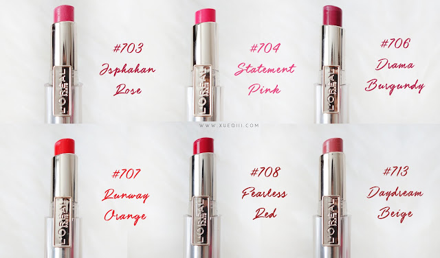 L'Oreal Shine Caresse CC Genius Balm Review and Swatches - Daydream Beige, Fearless Red, Runway Orange, Drama Burgundy, Statement Pink, Ispahan Rose