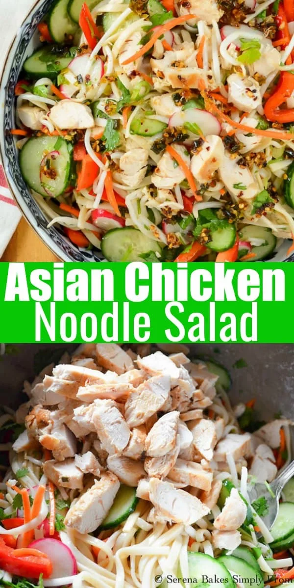 Asian Chicken Noodle Salad recipe is a favorite cold pasta salad recipe that is easy to make and healthy from Serena Bakes Simply From Scratch.