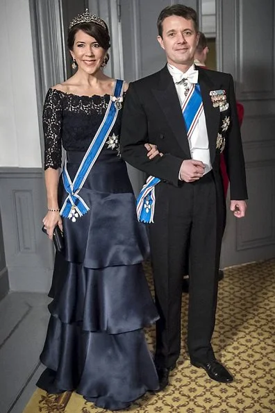 Crown Princess Mary, Princess Marie, Princess Benedikte wore diamond tiara wore gown, long satin dress