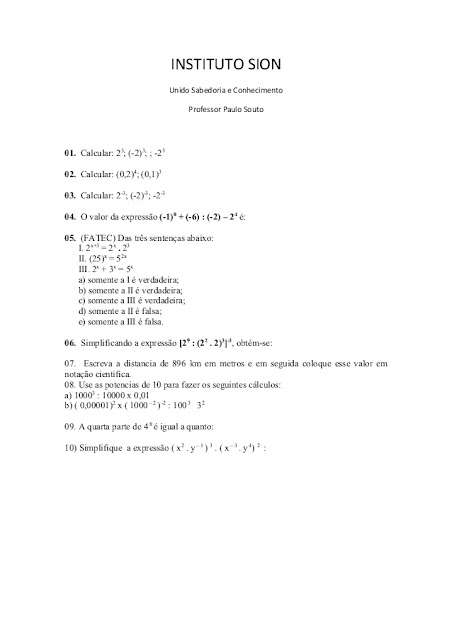 exercicios de potenciacao 9 ano