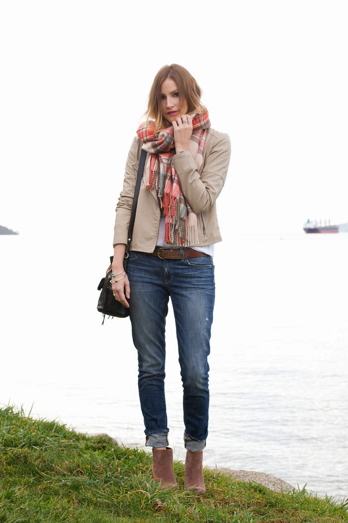 Vancouver Fashion Blogger, Alison Hutchinson is wearing a Topshop soft check scarf, urban outfitters tan leather jacket, aritzia light grey tee, rich & skinny slouchy skinny jeans, vince camuto boots, a rebecca minkoff leopard print bucket bag, and kvbijou rings and bracelets