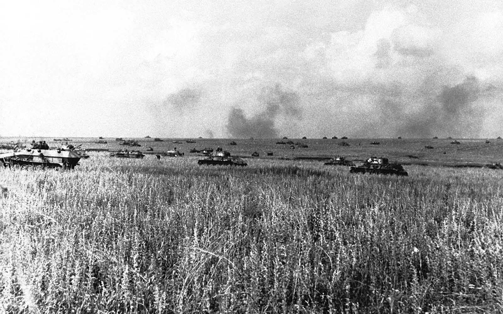 Huge numbers of German tanks concentrate for a new attack on Soviet fortifications on July 28, 1943, during the Battle of Kursk. After taking months to prepare for the offensive, German forces fell far short of their objectives - the Soviets, having been aware of their plans, had built massive defenses. After the German defeat at Kursk, the Red Army would effectively have the upper hand for the rest of the war.