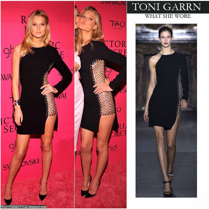 WHAT SHE WORE: Toni Garrn in black cutout eyelet mini dress at Victoria ...