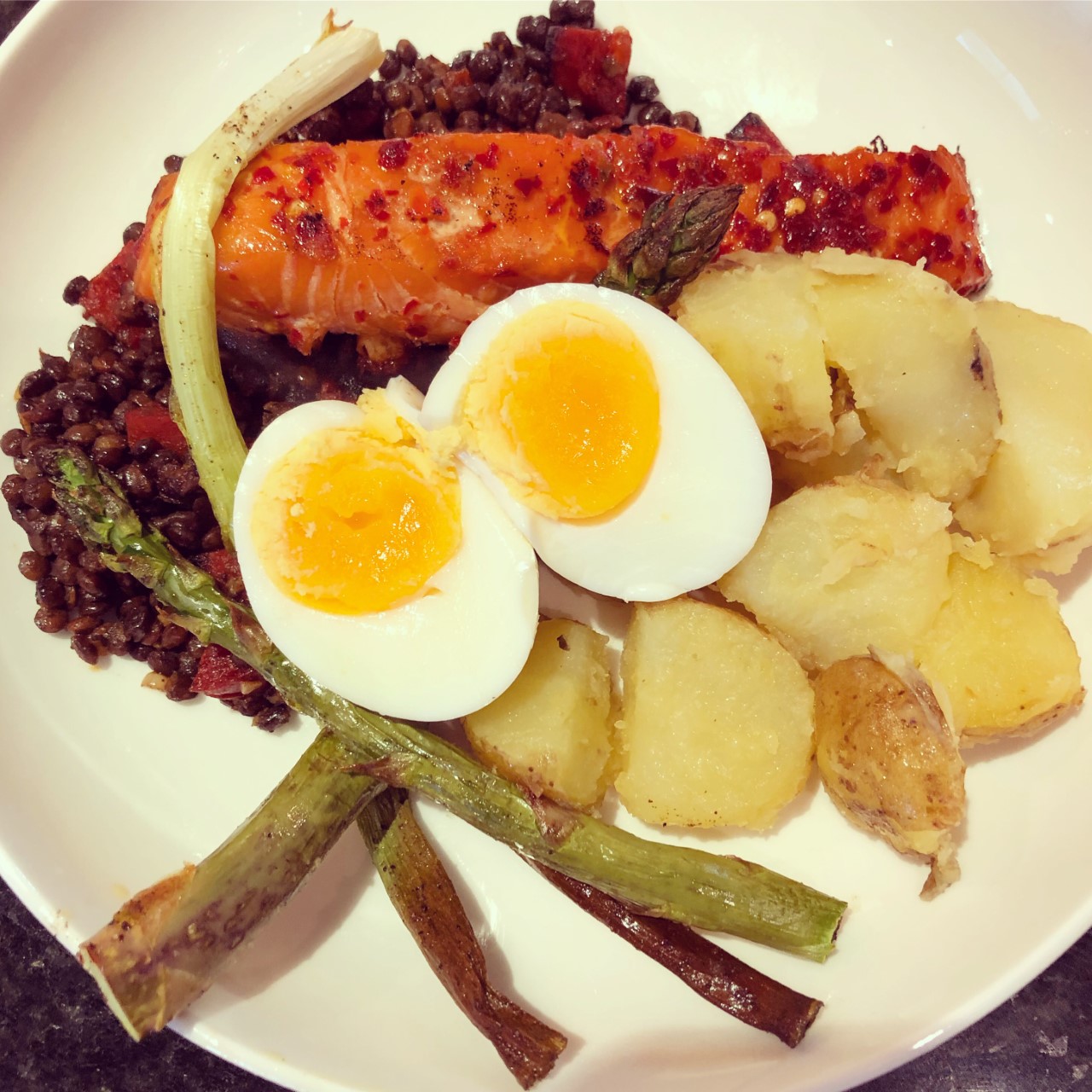 Sweet Chilli Salmon with Chorizo Lentils, Asparagus and Jersey Royals
