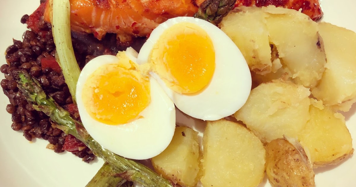 Sweet Chilli Salmon with Chorizo Lentils, Asparagus and Jersey Royals