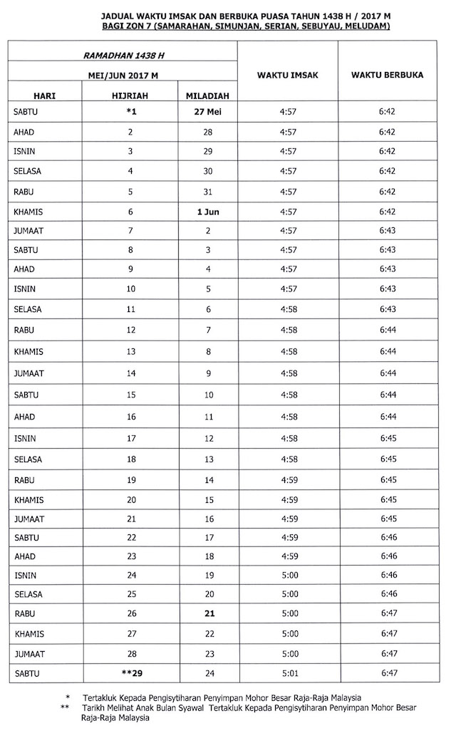 Jadual Waktu Buka Puasa dan Imsak 2017 - Sarawak