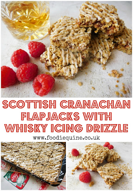 www.foodiequine.co.uk Scottish Cranachan Flapjacks with Whisky Icing Drizzle bring together all the flavours of this traditional dessert in a bite sized oaty snack. The combination of both oats and oatmeal in this flapjack, combined with honey and raspberry jam create both a texture and flavour sensation. Top them off with a drizzle of whisky icing - slàinte mhath!
