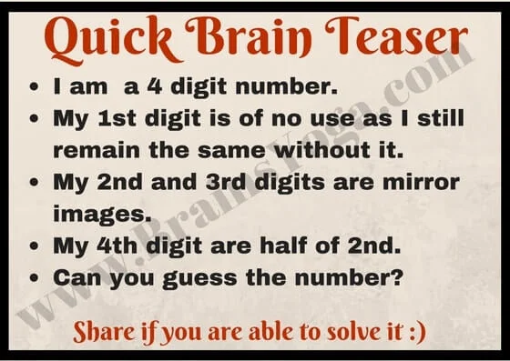 Quick Brain Teaser:   1. I am a 4 digit number.  2. My 1st digit is of no use as I still remain the same without it.  3. My 2nd and images. rat d digits are mirror  4. My 4th digit are half of 2nd.   Can you guess the number?