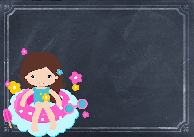 Fiesta en la Piscina para Niña Morena: Invitaciones para Imprimir Gratis. Para hacer invitaciones, tarjetas, marcos de fotos o etiquetas de Fiesta en la Piscina para Niña Morena.