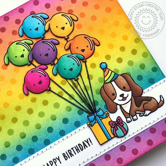 Sunny Studio Stamps: Party Pups Rainbow Polka-dot Puppy Dog Birthday Card by Mendi Yoshikawa