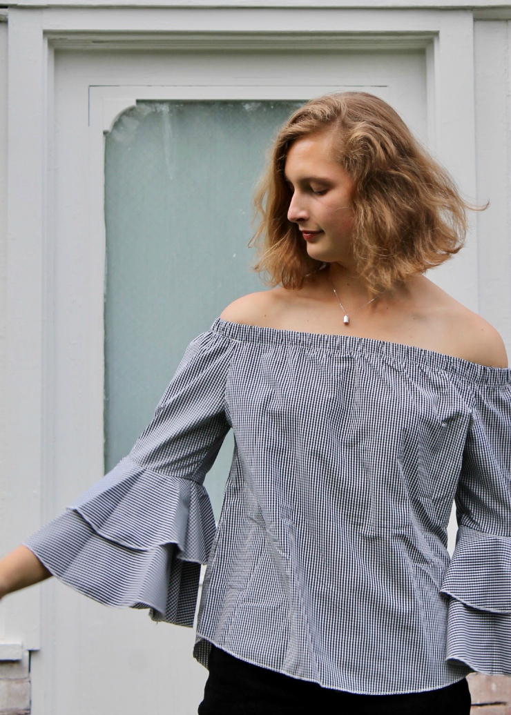 Rosegal gingham off the shoulder bell sleeve shirt, suede mini skirt and studded loafers #ootd