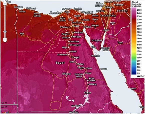 خريطة توزيع الاشعاع الشمسي في مصر