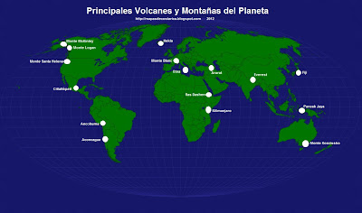 Mapamundi, seterra, Nombre de los Principales Volcanes y Montañas del Planeta Tierra