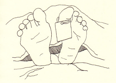 feet with a toe tag drawing