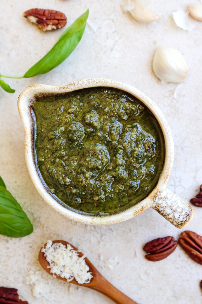Pecan Basil Pesto | The Two Bite Club | #pesto #pecans Pecan Basil Pesto is a twist on traditional pesto that uses pecans instead of pine nuts. It is super versatile and can be used in so many ways! #pesto #pecans