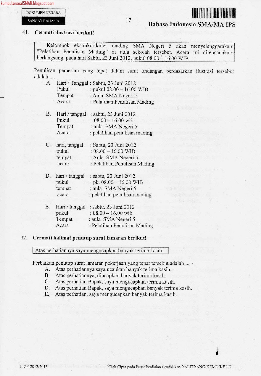 Soal UN Bahasa Indonesia SMA/IPS Kode 55 2012/2013