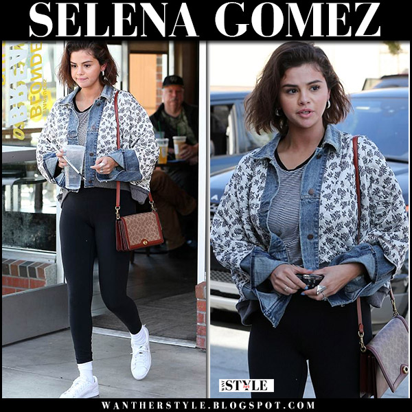 Selena Gomez in blue floral and denim jacket and leggings in Newport ...