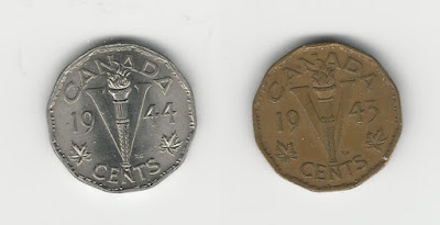 Two Canadian 5-cent coins from World War 2 Two coins the same size but of different metals.