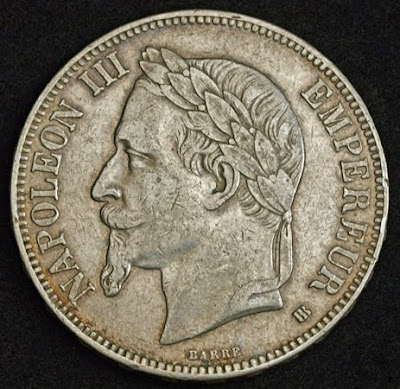 French coins 5 Francs silver coin, Emperor Napoleon III