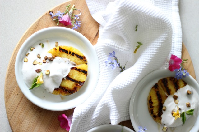 Grilled Pineapple with Vegan Coconut Whip, Roasted Pistachios - summertime dessert