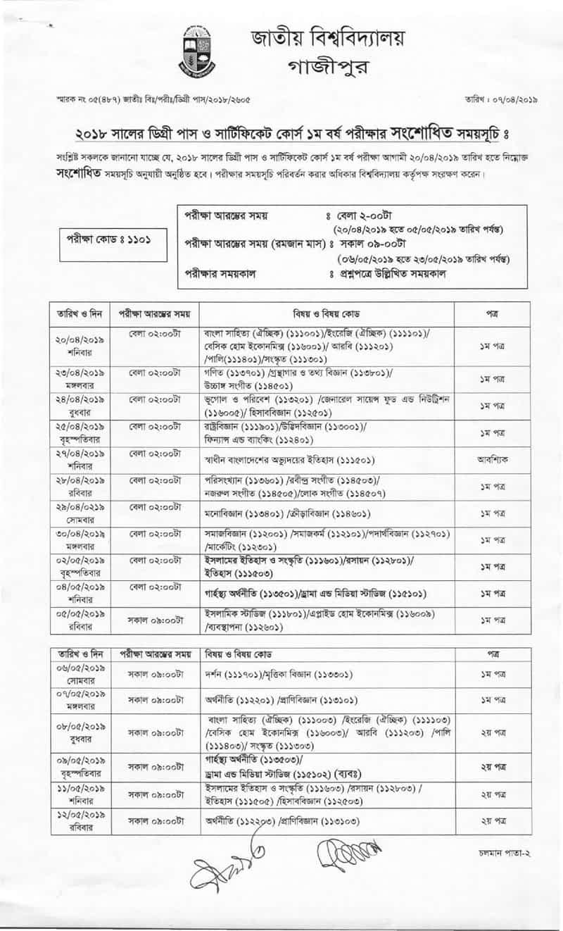 Degree 1st year Exam Routine 2019