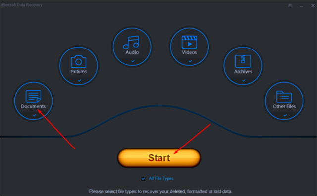 كيفية استرداد الملفات من سلة المحذوفات بعد إفراغها - عبر iBeesoft Select-the-type-of-File-and-Start-570x353