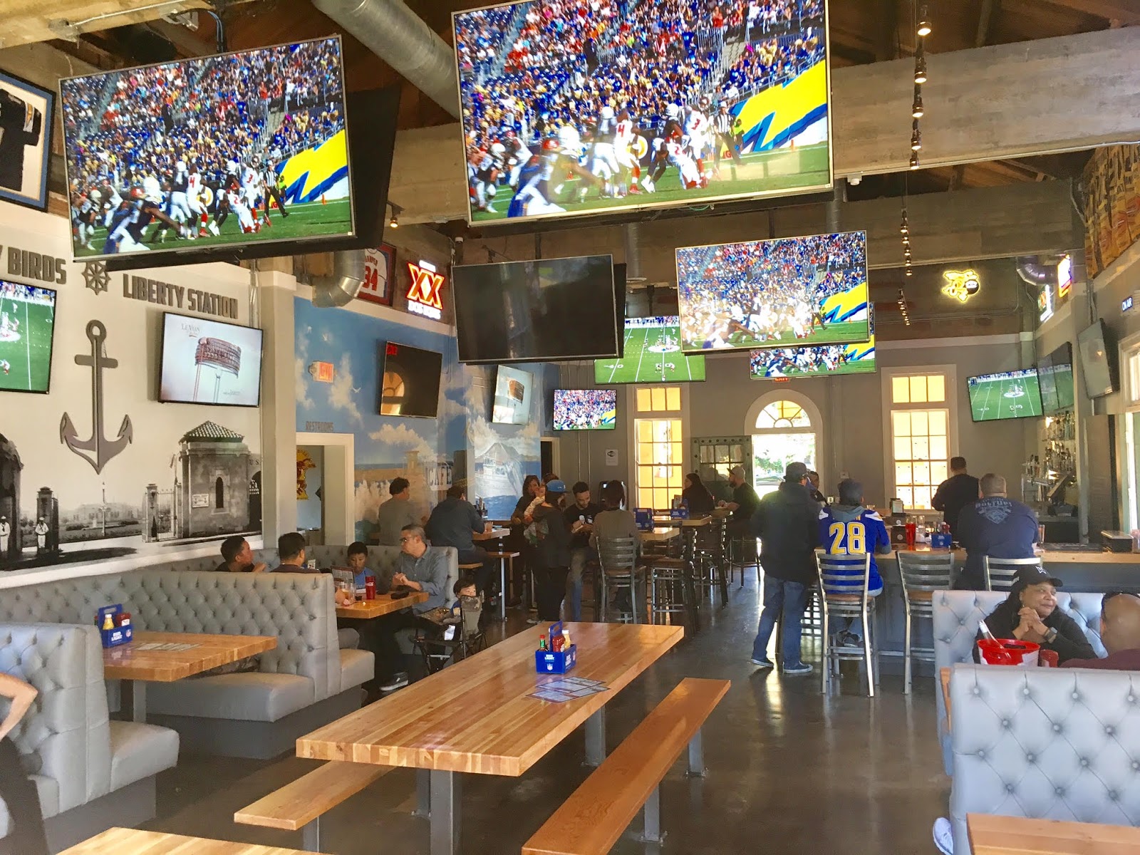 Sangoville Dirty Birds Lands In Liberty Station Por Located Directly Adjacent To The Loma Club S Historic Nine Hole Golf Course Dirty Birds A Large Interior With Booths And Tables As Well An Expansive