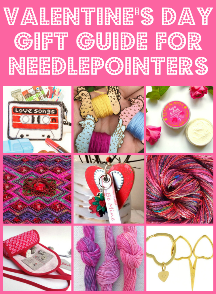 Valentine's Day Gift Guide for Needlepointers Collage of valentine's day themed handmade products that make ideal gifts for needlepointers