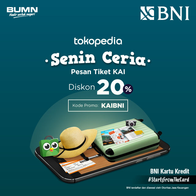 Bank BNI - Diskon 20% untuk pembelian tiket KAI di Tokopedia (TIAP SENIN) Bank BNI - Diskon 20% untuk pembelian tiket KAI di Tokopedia (TIAP SENIN)