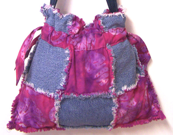 Drawstring Denim Ragged Tote Bag Purse Violet Pink Batik