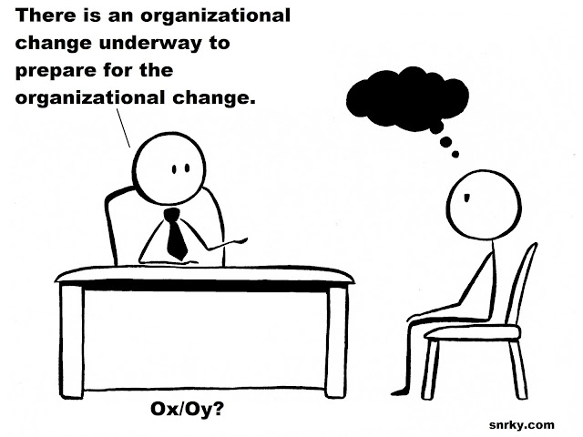 Snarky: There is an organizational change underway to prepare for the organizational change.