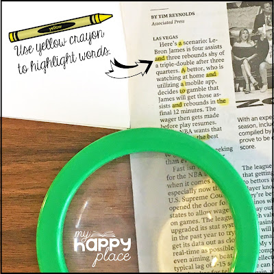 Use a yellow crayon to highlight words in the newspaper.