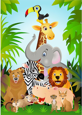 Ilustración a todo color con los animales de la selva