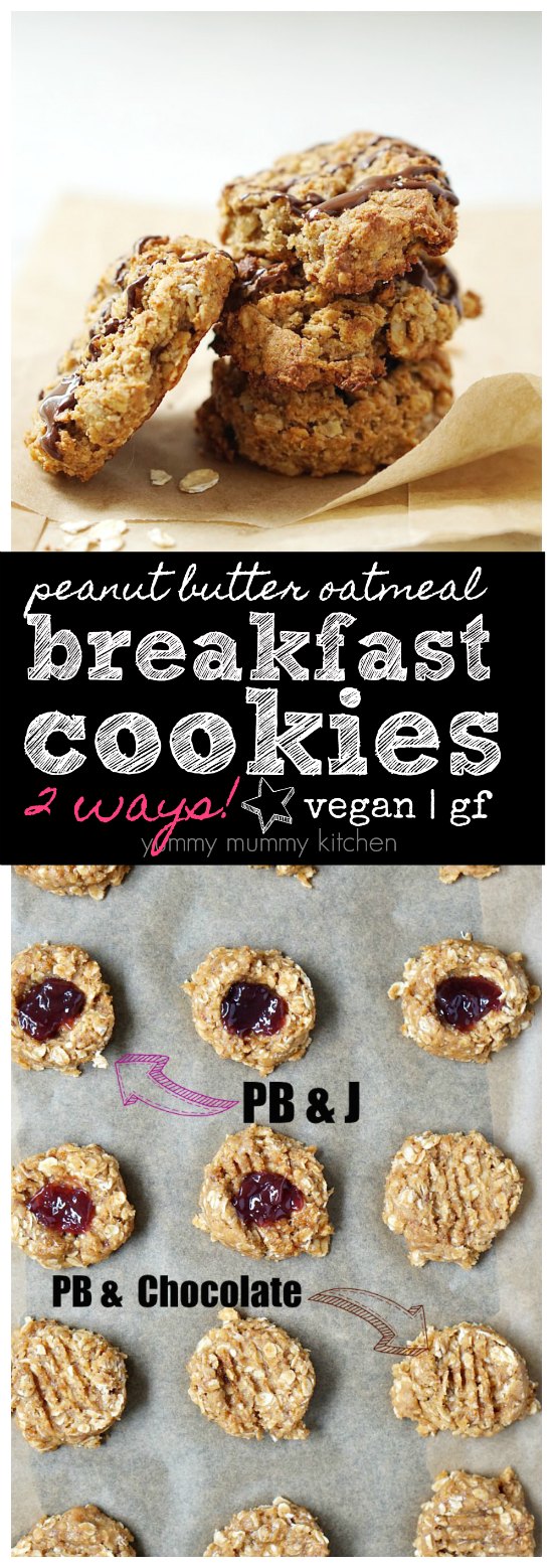 Breakfast Cookies two Ways These vegan peanut butter oatmeal breakfast cookies are made with natural sweeteners and wholesome ingredients. Make them PB&J or with a chocolate drizzle.