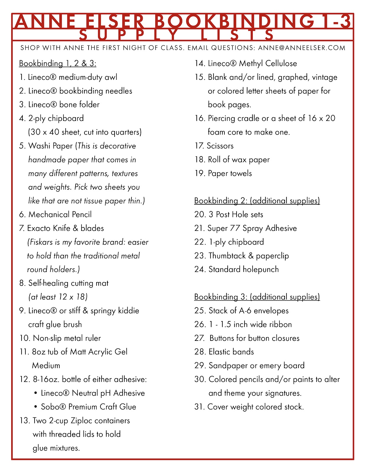 AnneDavnes Elser Updated Bookmaking Supply Lists & Links