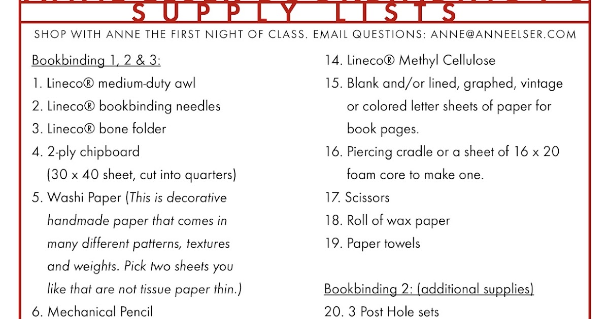 AnneDavnes Elser Updated Bookmaking Supply Lists & Links