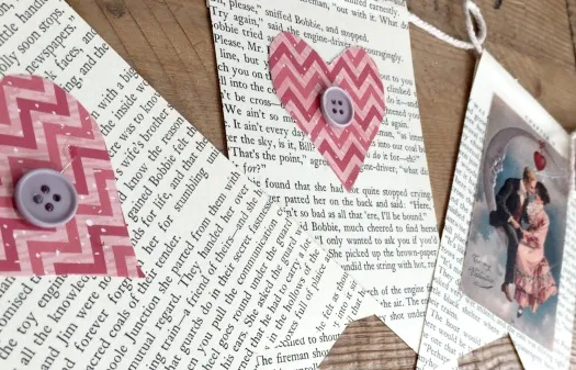 newsprint flags for valentines day using old books