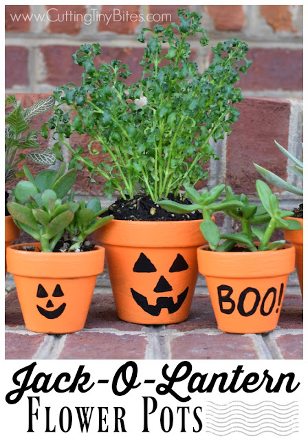 Jack-O-Lantern Flower Pots - Kid's craft for Halloween.  Children will love painting friendly or spooky jack-o-lantern faces!  Great activity for kindergarten or elementary kids.