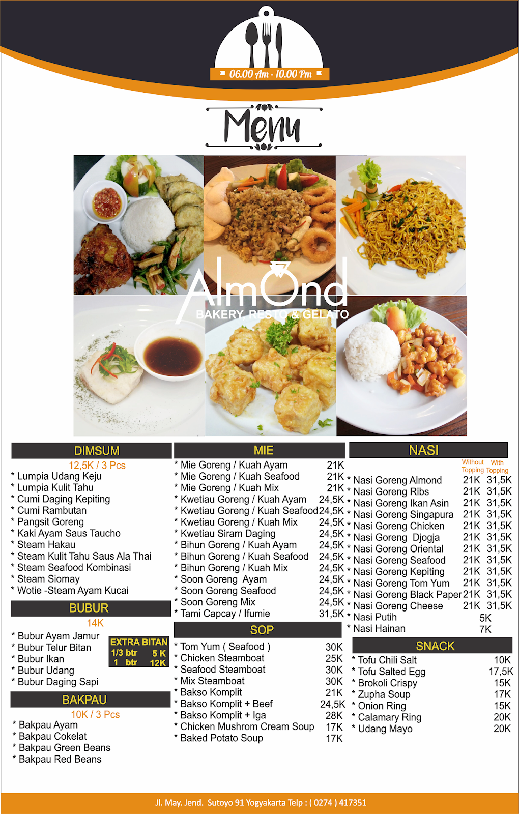 Menu Resto Almond Bakery Resto Cafe Gelato Jl Mayjend Sutoyo 91 Yogyakarta 0274 379310 0274 411451 Jl Seturan Raya No 6 Yogyakarta Telp 0274 4332588 0274 6607733