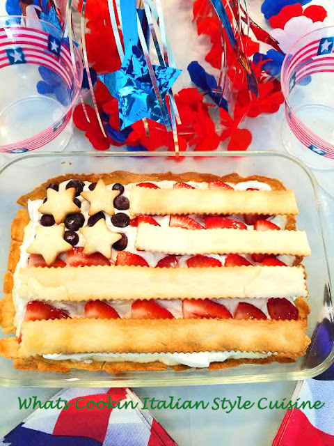 this is a baked pie crust that is sugar free and diabetic friendly recipe. The filling is made with cream cheese and no bake. The filling is pour into a flag shaped pie decorated with blueberries and strawberries for a festive Patriotic look.