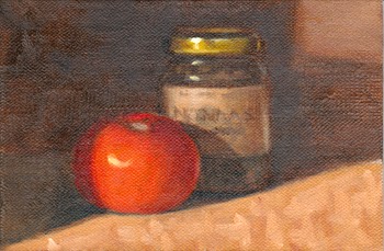 Oil painting of a bright red tomato in front of a small jar of crushed green olives.