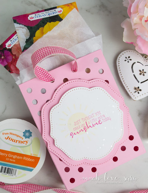 This sweet little gift bag was created using the Lots of Dots Die set from Fun Stampers Journey.  It's the perfect size to hold a card, and a little something extra.
