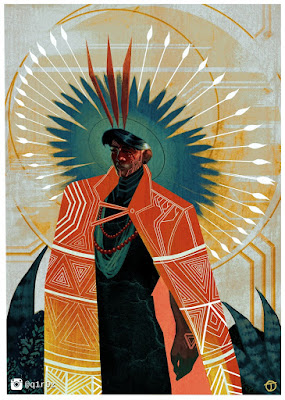 Stylised illustration of a tribal-style, caped person with rays and halos emanating from his head