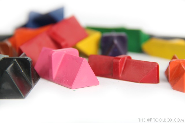 Use adapted crayons to work on carryover of pencil grasp and grasp on a crayon when coloring by helping kids strengthen the fine motor skills they need for handwriting and a functional pencil grasp.