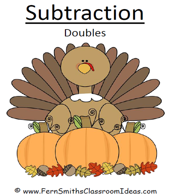 Picture of Fern Smith's FOREVER FREE Thanksgiving Subtraction Doubles Center Game Interactive Notebook Activity.