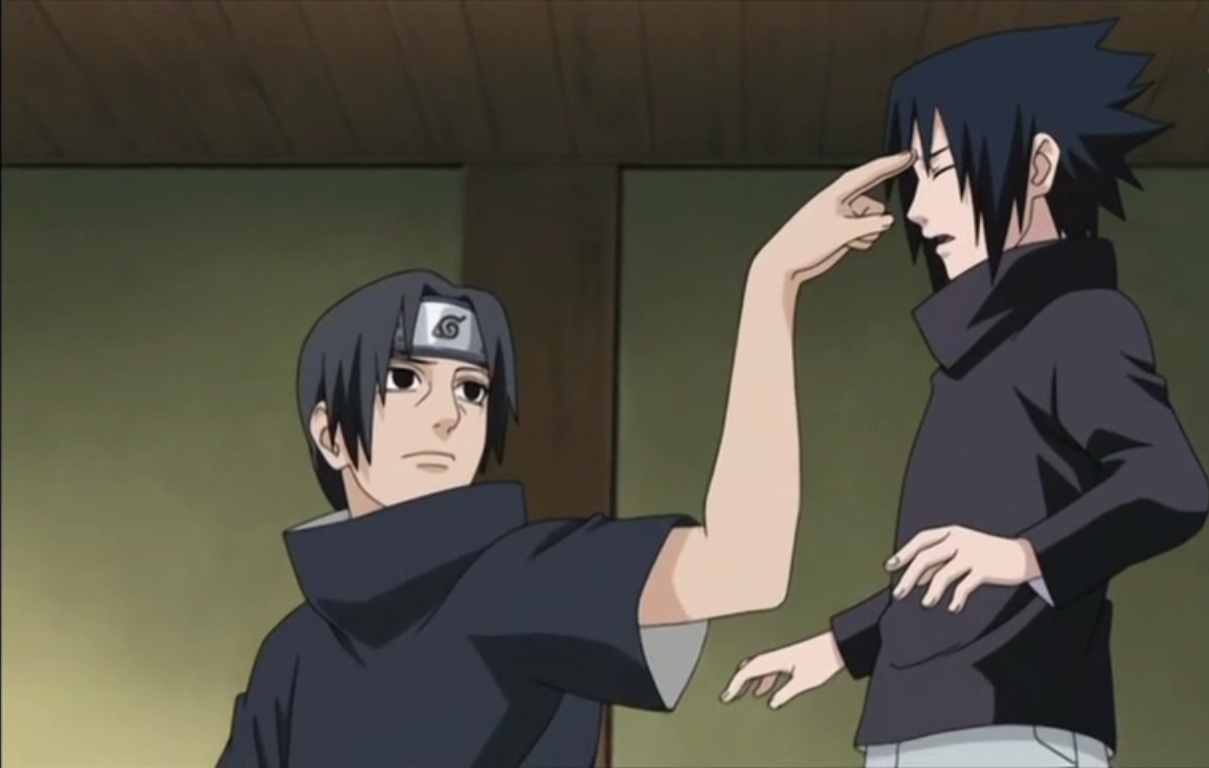 Itachi's habit of poking his younger brother sasuke showing love.
