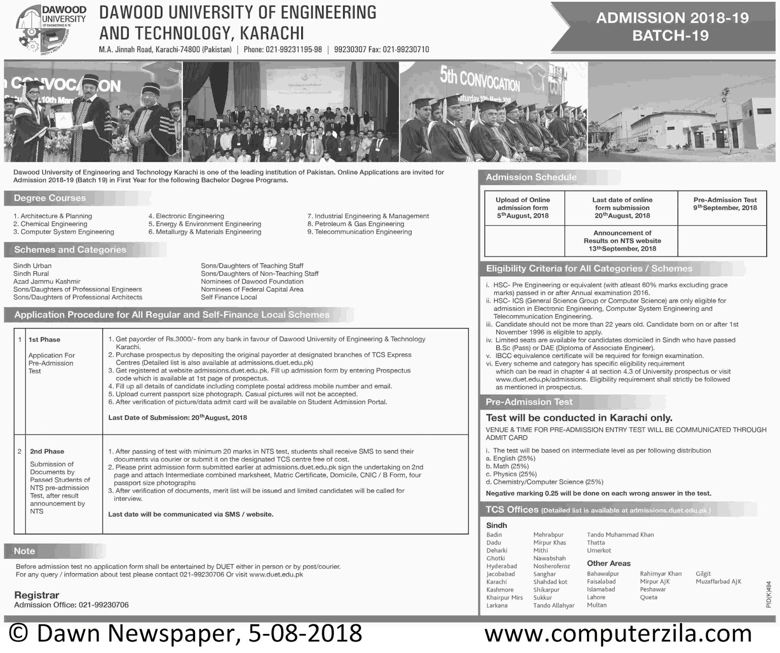 Admissions Open For Fall 2018 At DUET Karachi Campus