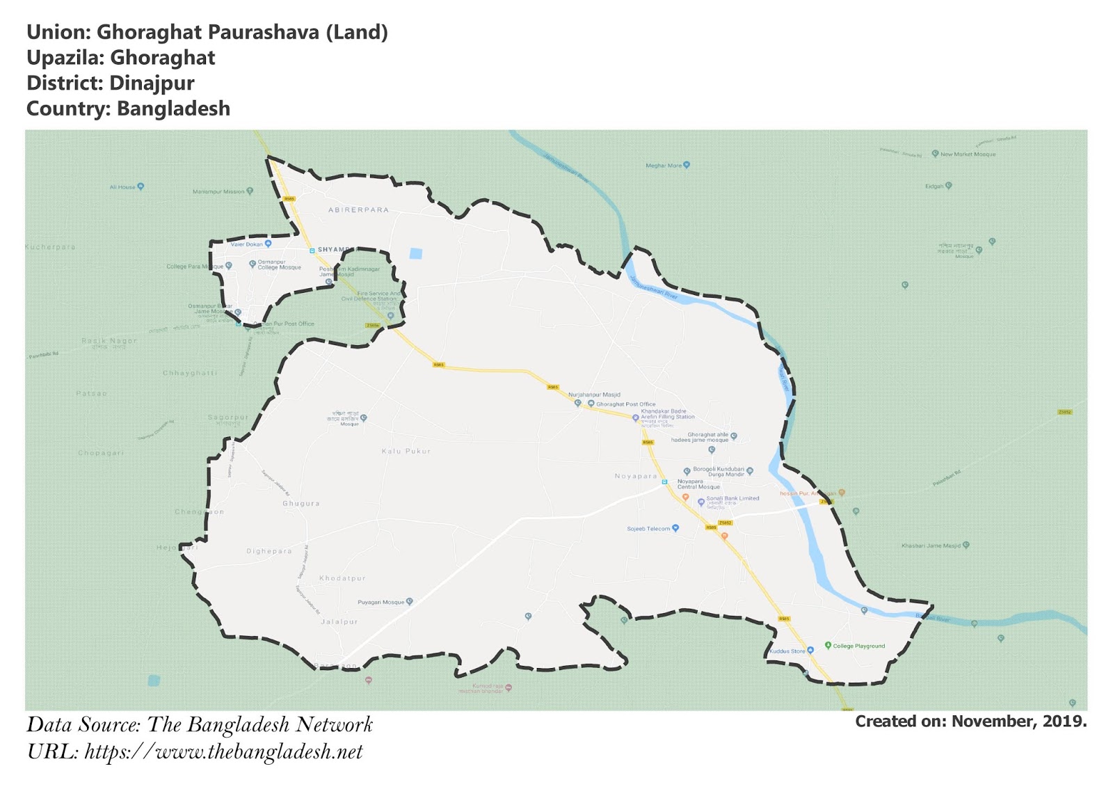 Map of Ghoraghat Paurashava of Dinajpur, Bangladesh.