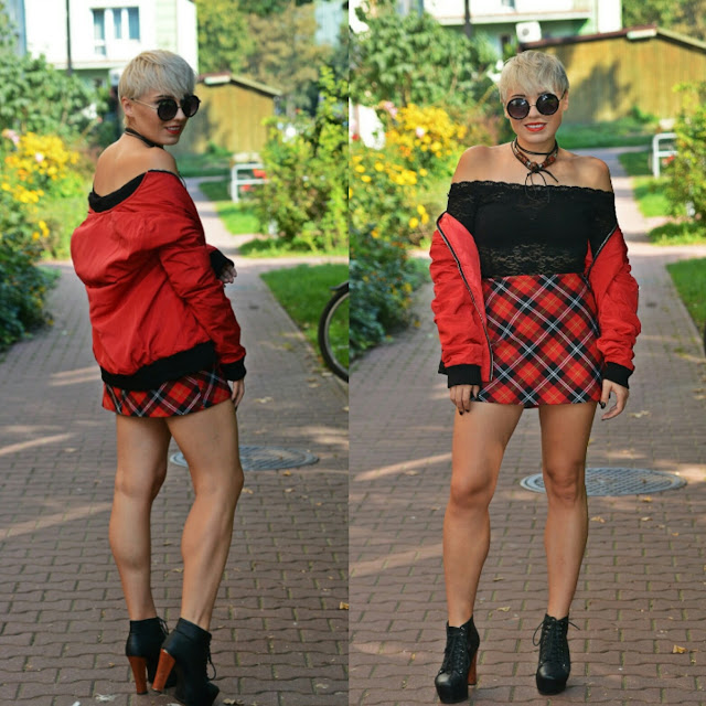 Red bomber jacket and plaid skirt