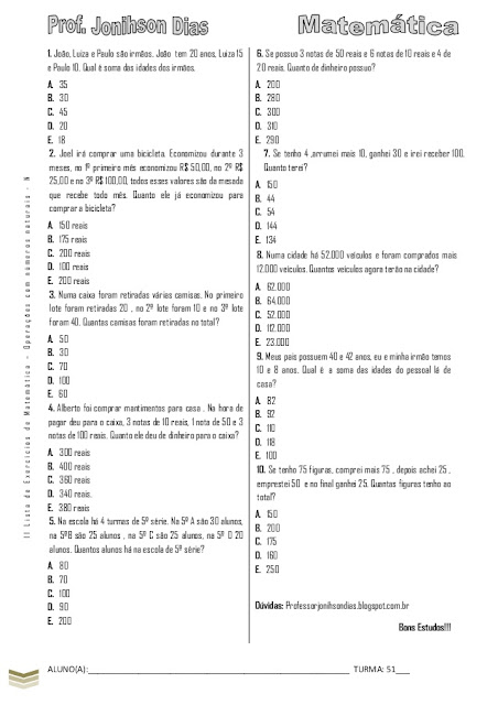 lista de exercicios matematica 6 ano